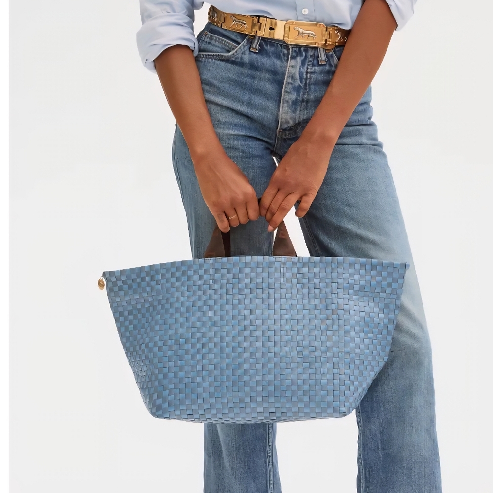 Clare V. Bateau Tote Lighr Blue Woven Checked